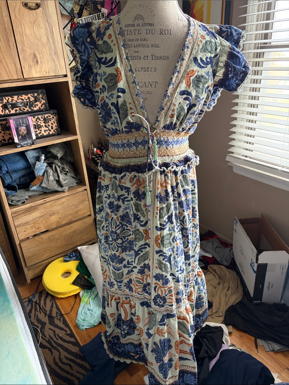 Farm Rio Boho Floral Maxi Dress in Blue & Cream - Large